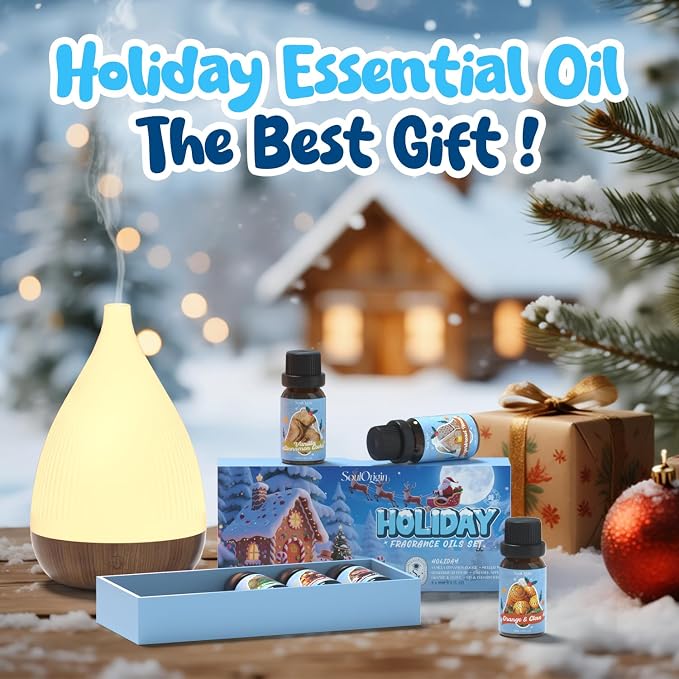 Soulorigin Holiday Essential Oils Set, Fragrance Oil Set for Diffuser, Scent Diffuser Oil for Candle Making-Vanilla Cinnamon Cookies, Caramel Apples, Gingerbread, Fir Cedar, Orange Cloves, Mulled Wine