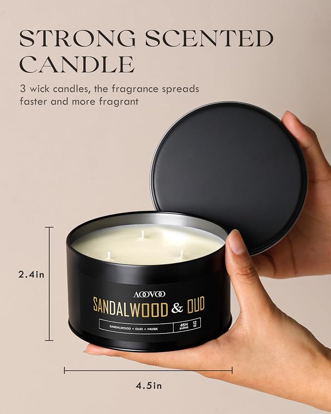 AOOVOO Sandalwood Oud Candles for Men - 3 Wick 12oz Large Scented Candle, Long Lasting Soy Candles for Home Scented, Strong Fragranced Masculine Black Candle Gift for Father Day, Women & Men