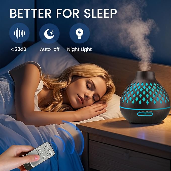 Aeshory Aromatherapy Diffuser & 12 Essential Oils Set, 550ML Aromatherapy Diffuser for Home, Ultrasonic Cool Mist Humidifier with Remote Control 4 Timer 7 Color LED Light, Waterless Auto Off, Dark