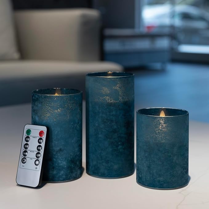 ANGELLOONG Blue Flameless Candles with Remote, Flickering Led Candles with Timer, Electric Pillar Candles for Bathroom Kitchen Room Home Decor, Sandblast Blue