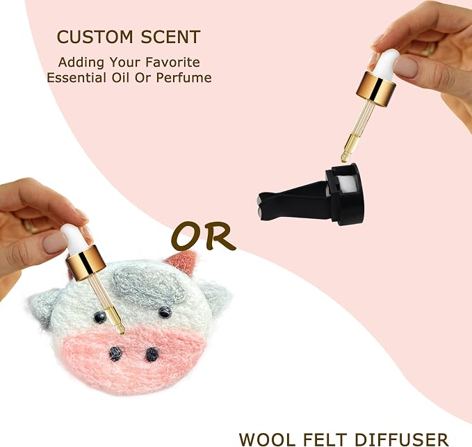 ORIESSE Cow Car Decor,Cute Air Vent Clip Car Air Freshener,Handmade Wool Felt Essential Oil Diffuser,Girly Cartoon Highland Cattle Decoration Accessories for Women