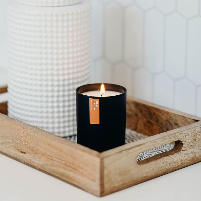 Calyan Wax Co. Cedar & Tobacco Scented Candle - 75 Hour Burn - Luxury Clean Soy Wax Candles - Long Lasting Black Tumbler Jar Candle for Home - 10.2oz