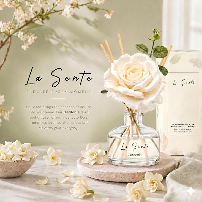White Gardenia Reed Diffuser Set 8.5 fl oz | Long Lasting Flameless Home Fragrance with Decorative Flower & Natural Reeds | Elegant Scent for Home, Office, Gifts