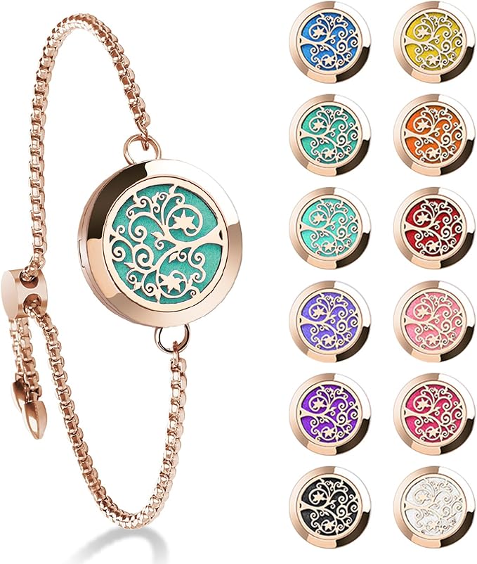 ttstar Essential Oil Diffuser Bracelet Stainless Steel Aromatherapy Locket Adjustable Bracelet Set with 24 Refill Pads in 12 Assorted Colors, Gifts Set for Women(Rose Gold)