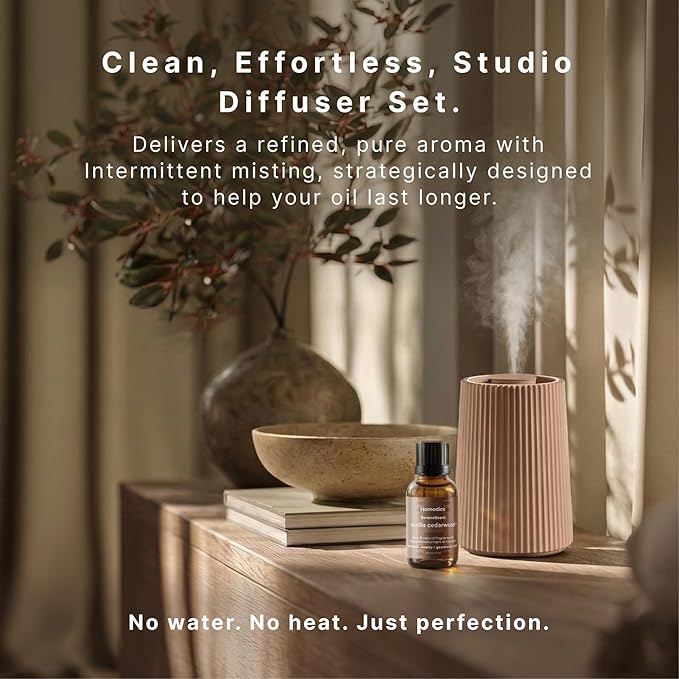 Homedics Waterless Essential Oil Diffuser with 15ml Vanilla Cedarwood Fragrance Oil. SereneScent Cordless Cold Air Scent Diffuser Starter Kit with Ambient Light, Studio 671 (Terracotta)