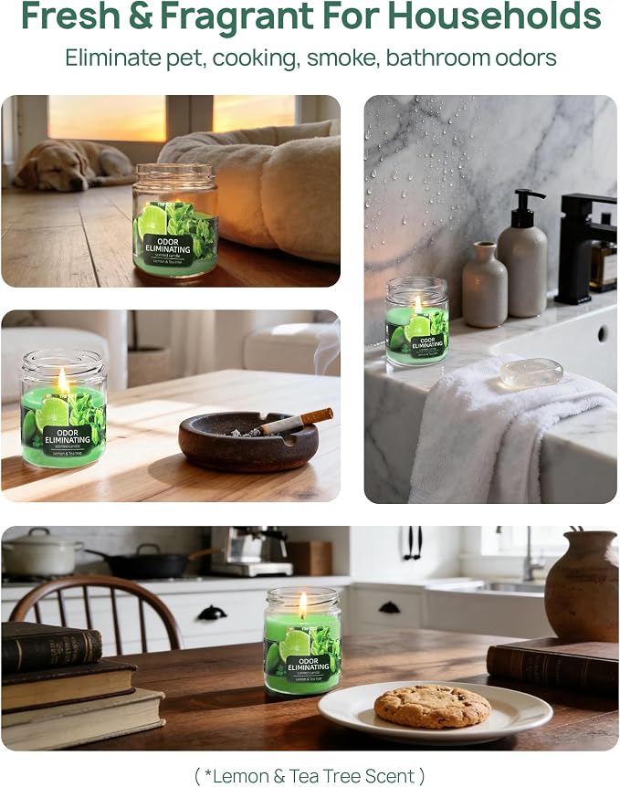 TRINIDa Lemon & Tea Tree Odor Eliminating Candles for Home Scented, Eliminates 99% of Pet, Smoke, Food and Other Smells Quickly, Highly Fragranced Candle, Premium Soy Candles Set for Women