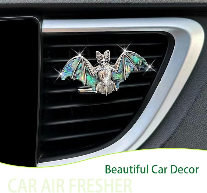 ORIESSE Bat Air Vent Clip Car Air Freshener Outlet Clips Natural Abalone Shell Seashell Color Vampire Bat Car Accessories Gothic Car Decor Refillable Car Diffuser Clips (Big Bat)