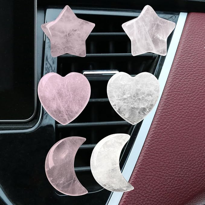 Set of 3 Crystal Stone Car Air Vent Clips, Moon Star Heart Quartz Charm Car Air Freshener Clip, Air Conditioning Outlet Clip, Cute Car Interior Decoration Accessories for Men Women (Pink, Unscented)