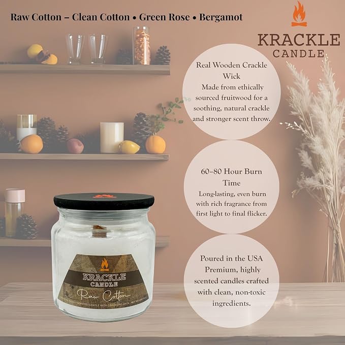 Krackle Candle | Raw Cotton | 16 oz Scented Candle with Natural Crackling Wooden Wick | Poured in the USA | Clean Cotton, Green Rose & Bergamot Fragrance