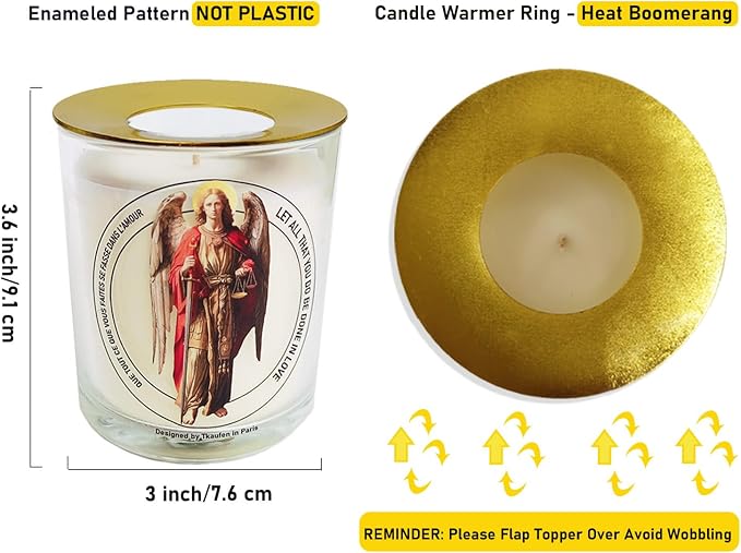 Tkaufen Saint Archangel Michael Candle 50 Hours with Warmer Ring│Hand-Poured Soy Wax│Protection from Terror, Evil Banishing, Spiritual Warrior, Energetic Cleansing, Defender│Design in Paris│3“×3.6”