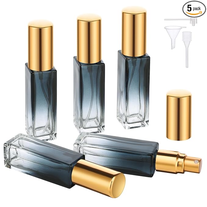 Segbeauty Travel Perfume Atomizer Refillable, 5 Packs 10ML Glass Spray Bottle for Perfume,Mini Portable Bottles Empty Fine Mist Sprayer Fragrance Cosmetic Container Kit Essentials, Gradient Blue-gold