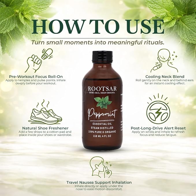 Peppermint Essential Oil – 100% Pure Organic Peppermint Oil, Steam Distilled, 4 FL OZ / 118 ML – Premium Essential Oil for Diffuser, Aromatherapy, Massage, Skin Care, Candle & Soap Making