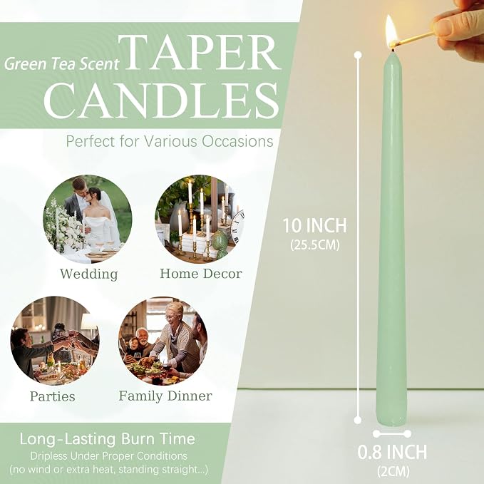 Candlesticks Long Taper Candle,Green Tea Scented 10 Inches Gradient Green Candle Sticks Smokeless Tapered Candles for Home Décor Holiday Gifts