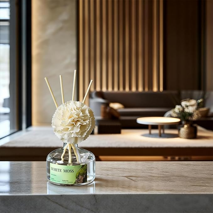 8.45 oz White Moss Scent Diffusers with 6 Reed Sticks,250ml Reed Diffuser for Bathroom Room Air Freshener, Last up for 50 Days