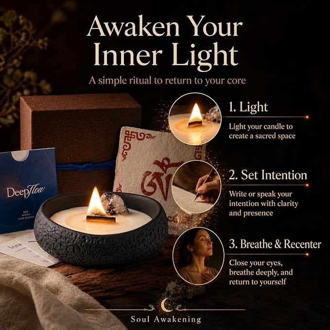 DEEP FLOW Luxury Crystal Ritual Candle - Inner Light with Black & White Moonstone, Clean Herbal Woody Scented Soy Wax for Meditation & Spiritual Clarity (Soul Awakening)