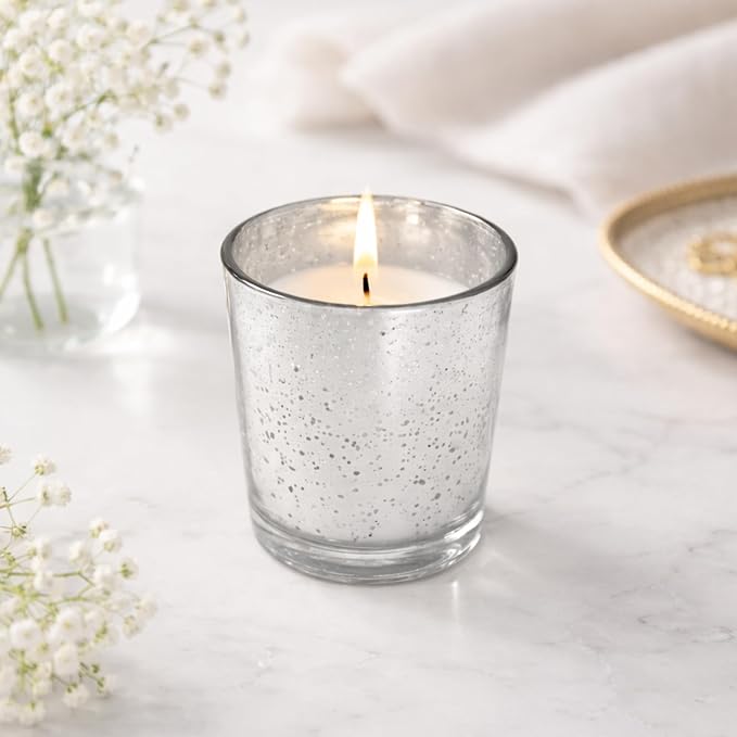 Hosley Set of 12 Silver Mercury Filled Glass Votive Candles. Ideal Gift for Weddings, Bridal Showers, Parties, Home Decor, and Special Events