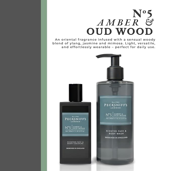 Pecksniff's Face & Body Duo Amber & Oud Wood – Men’s Grooming Gift Set with 100ml Face & Body Cologne and 250ml Body Wash – Luxury Fragrance Collection, Made in England