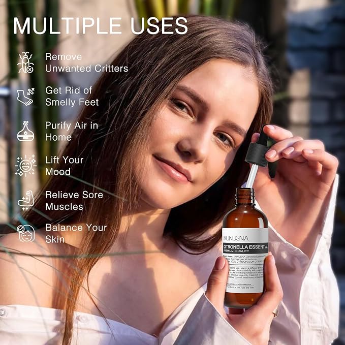 Citronella Essential Oil 100ML, 100% Pure and Natural Citronella Oil Premium Grade Aromatherapy Oil for Skin Care, Massage, Homemade Sprays, Diffuser, Air Freshening, Candle and Soap Making