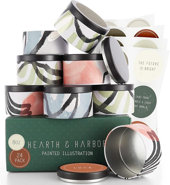 Hearth & Harbor Tin Candle Jars for Making Candles - DIY Candle Containers with Lids - Metal Candle Jars - Bulk Tins Storage for Candle - (24 Pieces) - (8 Ounces) - Painted Illustration