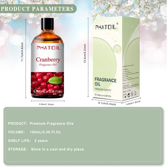 PHATOIL 3.38FL.OZ Cranberry Fragrance Oils for Aromatherapy, Essential Oils for Diffusers for Home, Perfect for Diffuser, Yoga, Skin Care, DIY Candle and Soap Making - 100ml