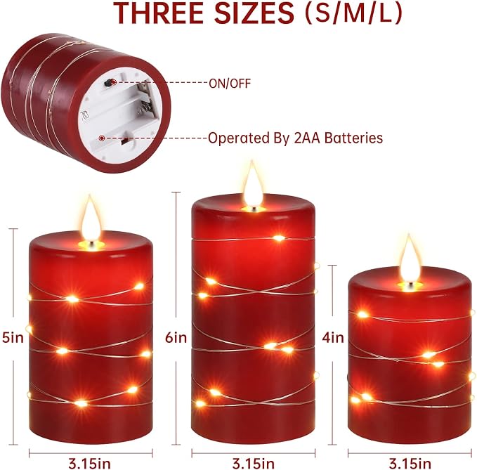Upinmz Red Flameless Candle with Remote Control and Timer,Flickering Battery Operated Candles with String Lights,LED Pillar Candles,Set of 3