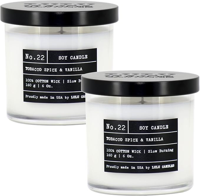Lulu Candles | Tobacco, Spice & Vanilla | Luxury Scented Soy Jar Candle | Hand Poured in The USA | Highly Scented & Long Lasting- 6 Oz. 2 Pack