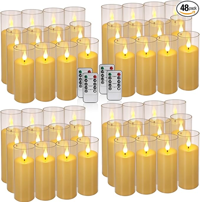 YOROXRG Flickering Flameless Candles Battery Operated with Remote and 2/4/6/8 H Timer Plexiglass LED Pillar Candles with Realistic Moving Wick for Home Decor Pack of 48 (D2.2 xH 5" 6" 7") (Ivory)