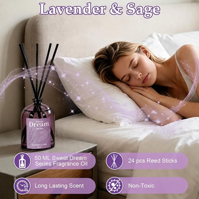 STRN Reed Diffuser Sets, Lavender Scented Oil Diffuser, Fragrance Reed Diffuser with 24 Sticks, 6.8 Fl.oz (200ml), 4 Scents Long-Lasting Air Freshener for Bedroom Bathroom Home Décor