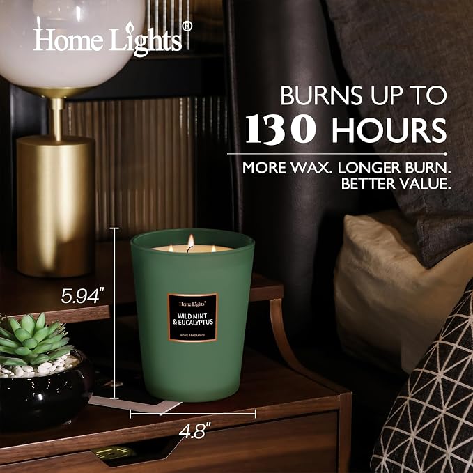 HomeLights Scented Candles - Large Jar Aromatherapy, Natural Soy Wax, 130 Hour Long Burning, Wild Mint & Eucalyptus