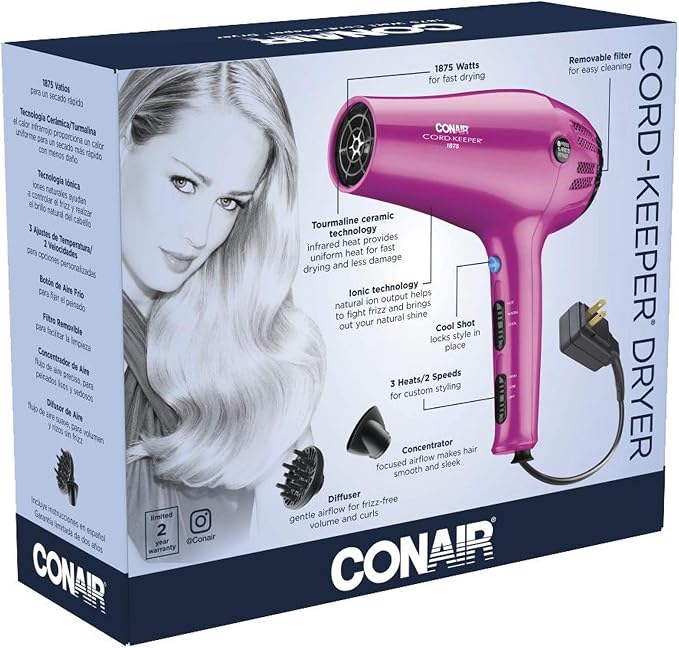 Conair HairDryer with Retractable Cord, 1875W Blow Dryer, 3 Heat Settings, 2 Speeds, BlowDryer with Diffuser and Concentrator Attachments, Ionic + Tourmaline Technology, Pink (Pack of 4)