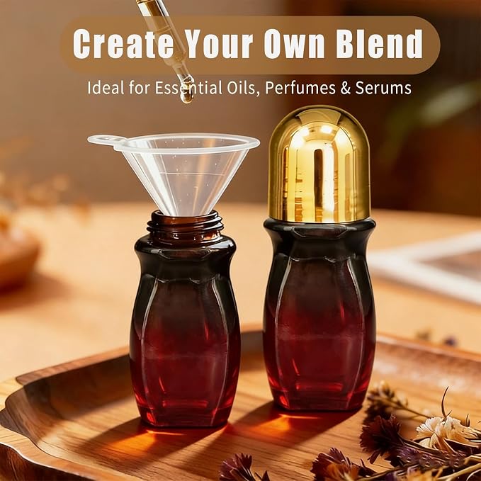 Rose Quartz Roller Waisted Bottles for Essential Oils,30ml Refillable Amber Glass Roll On Bottles with Natural Crystal Roller Balls, Leak-Proof Travel Perfume Bottle with Gold Caps