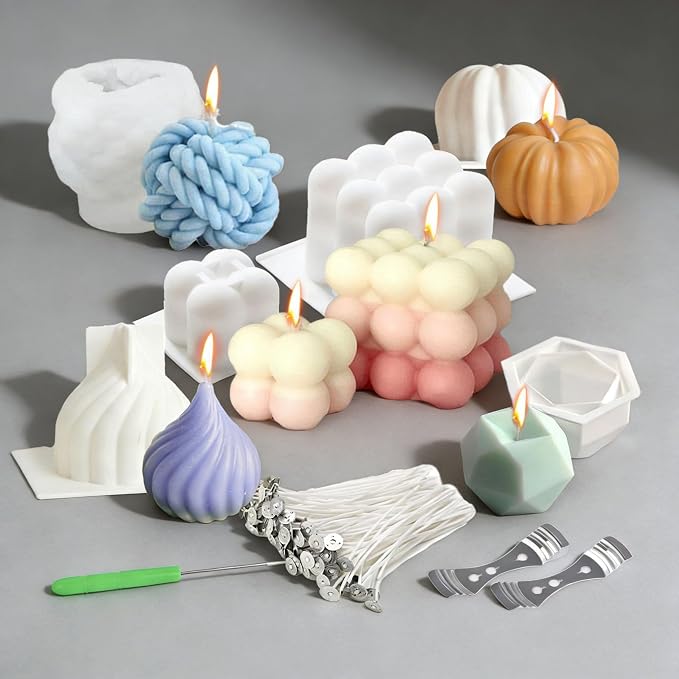 6pcs Silicone Candle Making Molds Kit Set, 3D Silicone Mold for Baking Desser, Soy Wax, Soap Geometric Pumpkin Shapes Yarn Ball Bubble Cube Molds DIY Scented Candle