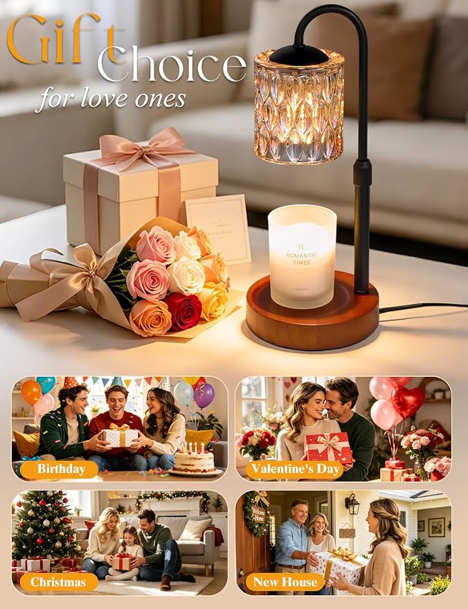Briever Dimmable Candle Warmer Lamp with Timer, Height Adjustable Electric Candle Wax Warmer, Birthday Gifts for Women Mom, House Warming Gifts New Home Decor, Solid Wood Base, Walnut Champagne