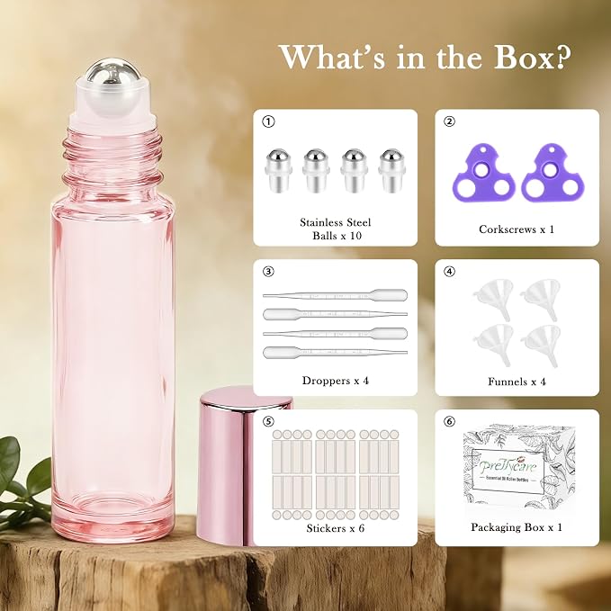 PrettyCare 24 Pack, 10 ml Essential Oil Roller Bottles with Stainless Steel Roller Ball - Refillable Leak-proof Empty Thick Pink Glass Roll on Bottles with Pink Caps for Travel, Perfume