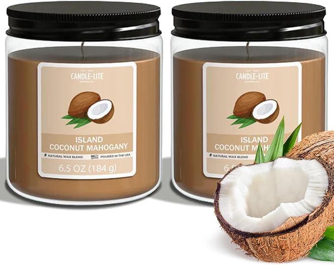Candle-Lite 2 Pack Scented Candles, Island Coconut Mahogany, 6.5 oz Jar, Proudly Poured in The USA, Aromatherapy Candle Set, Single-Wick with 40 Hours of Burn Time, Ideal Gift for Men and Women