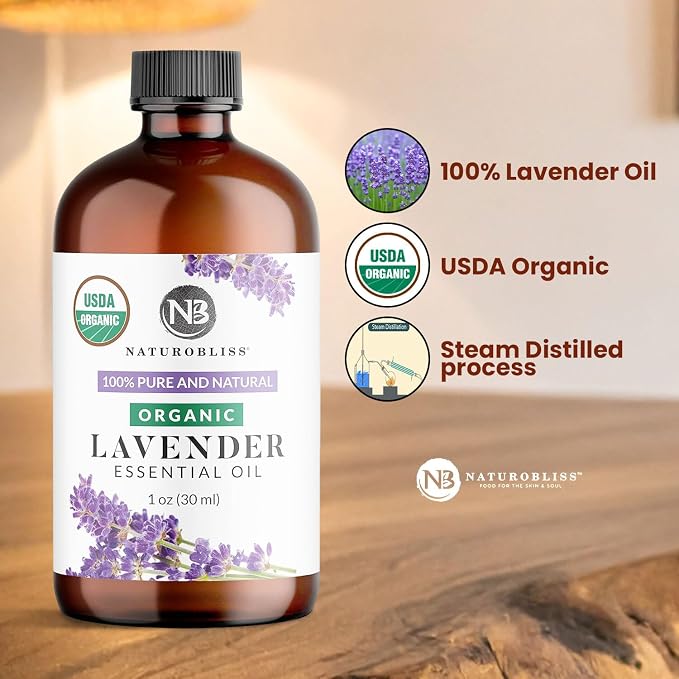 NaturoBliss Organic Lavender Essential Oil, 100% Pure Therapeutic Grade, Premium Quality, 1 fl. Oz / 30 ml - Perfect for Aromatherapy and Relaxation (30ml)