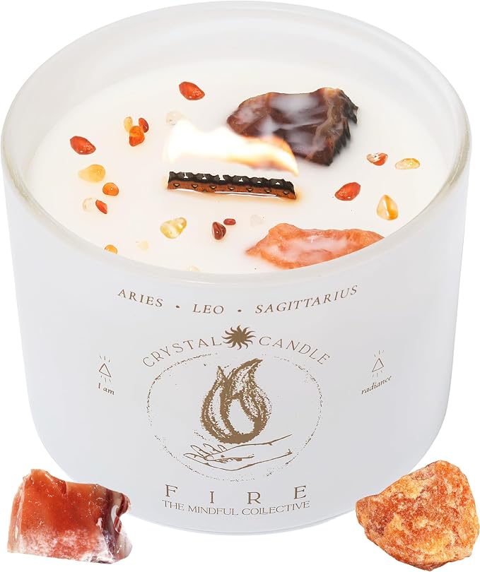 Aries, Leo, Sagittarius Gifts for Women - 12oz Wood Wick Candles that Crackle with Crystals and Healing Stones. Healing Crystal Candles for Women Home Scented. Soy Wax, for Zodiac Birthdate