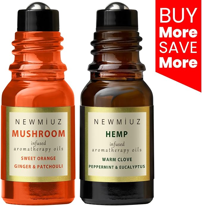 Roll-On Essential Oil Blends Focus Memory Concentration Orange Ginger Patchouli & Ease destress Hemp Peppermint Eucalyptus Clove and Arnica, Pack of 2