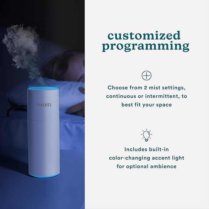 Homedics Portable Humidifier - Small Air Humidifiers for Bedroom, Plants, Office, Travel - Cool Mist Humidifiers, Color-Changing Accent Light, 2 Mist Settings, Matte White