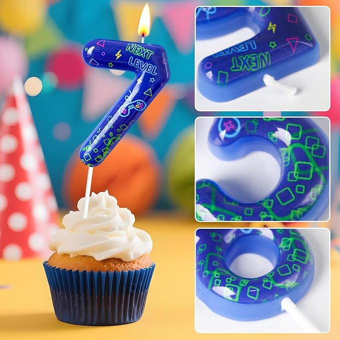 Number 7 Birthday Candle for Cake – Blue Gaming Theme Number Candle with “Next Level” Design, Video Game Style Cake Topper for Anniversary & Celebration