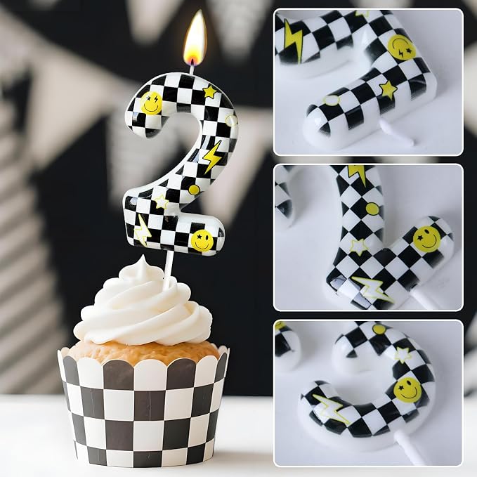 Number 2 Birthday Candle for Cake – Black White Checkered Smiley Design with Lightning & Star – Two Happy Dudes Theme Cake Topper for Birthday Party Decorations