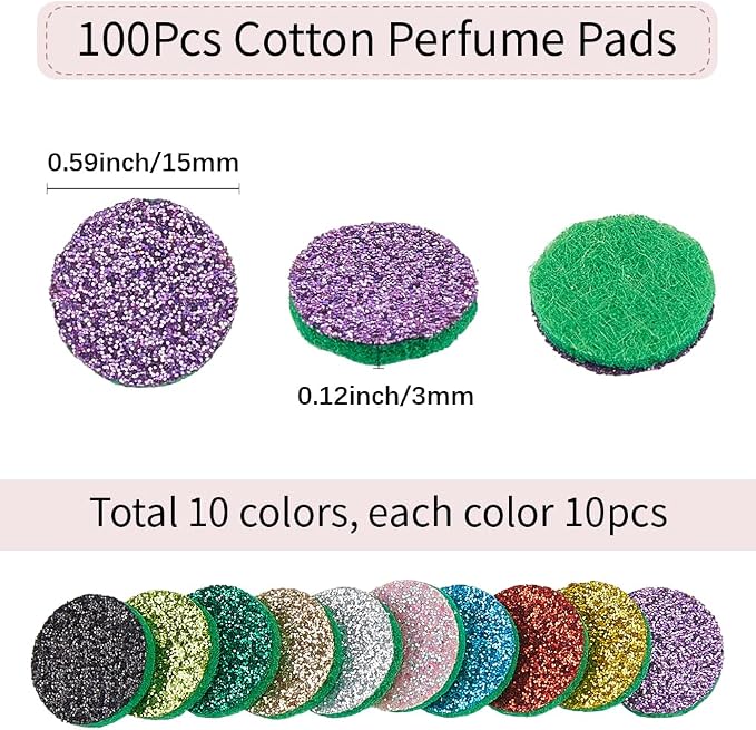 SUNNYCLUE 100Pcs Essential Oil Refill Pad Perfume Pads 15 x 3mm Random Colorful Cotton Flat Round Aromatherapy Microfibre Locket Necklace Replacement Refills Diffusers for Bracelet Car Home Supplies