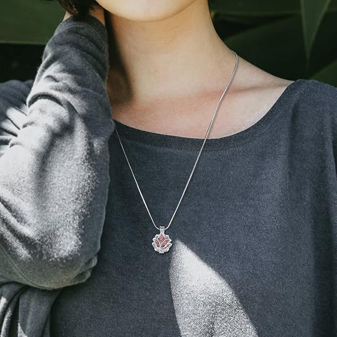 INFUSEU Essential Oil Diffuser Necklace Aromatherapy Jewelry for Women TeenGirls, Small Lotus Flower Pendant, 7 Lava Rock Stones, 24" Snake Chain
