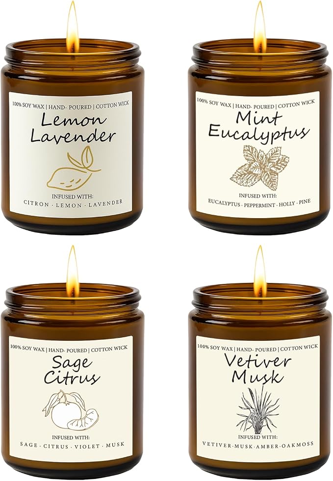 Scented Candle Gift Set, 4 Pack 25oz Soy Wax Candles, Long Lasting Aromatherapy Candles for Home Fragrance, Ideal Gift for Women and Men – Eucalyptus Mint, Lemon Lavender, Musk Vetiver, Sage Citrus