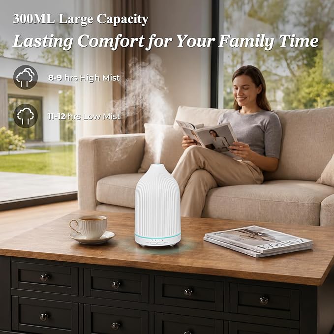 URPOWER 300ML Essential Oil Diffusers for Home Ultrasonic Aromatherapy Diffuser Up to 10hrs with 7-Color LED Lights Auto Shut-Off High/Low Mist - Diffuser Oil Machine Humidifiers for Bedroom Office