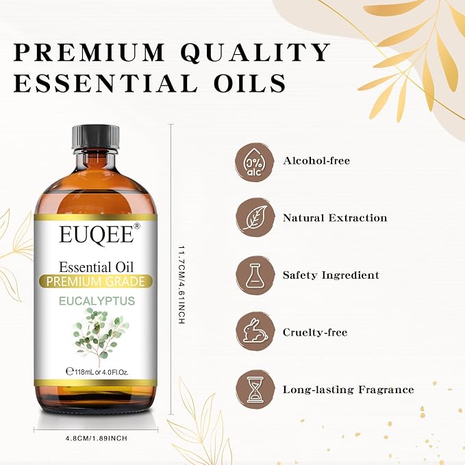 EUQEE Eucalyptus Essential Oil 118ml Pure Eucalyptus Oil with Glass Dropper for Aromatherapy, Diffuser, Soap & Candle Making - 4Fl.Oz