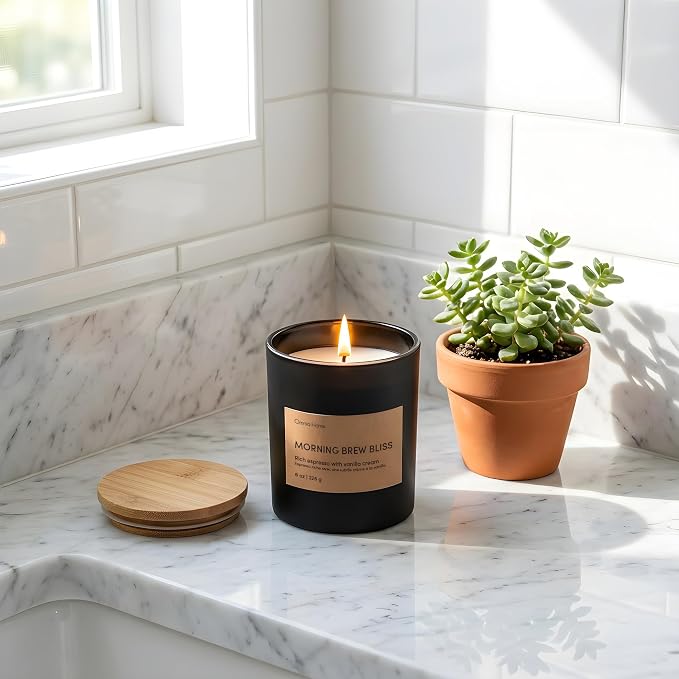 Scented Soy Wax Candle – Coffee Candles for Home Scented with Notes of Espresso, Vanilla Cream & Warm Amber – Cozy Home Decor & Gift (Morning Brew Bliss, Black, 8 oz)