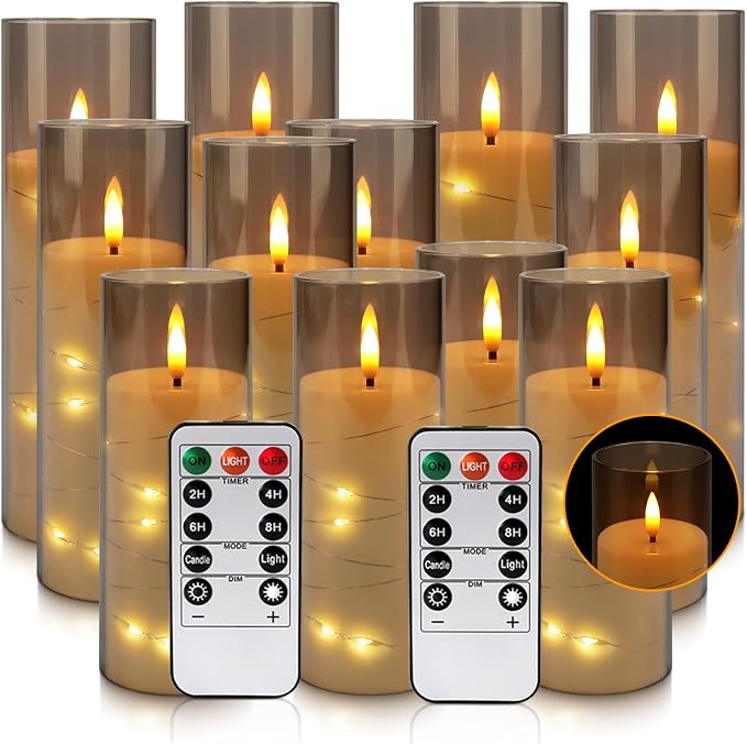 YOROXRG Flickering Flameless Candles Battery Operated with Remote,Led Pillar Candles with Realistic Moving Wick Candles for Halloween,Christmas,Home Decor Pack of 12 (D2.2 xH 5" 6" 7")(Grey)