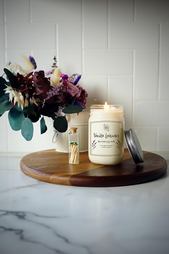 Aira Soy Candle – Vanilla Lavender – 12 oz Mason Jar – Hand-Poured USA – Long-Lasting Vegan Soy Wax Candle w/Essential Oils – Relaxing Aromatherapy – Paraffin-Free, Kosher, Cruelty-Free