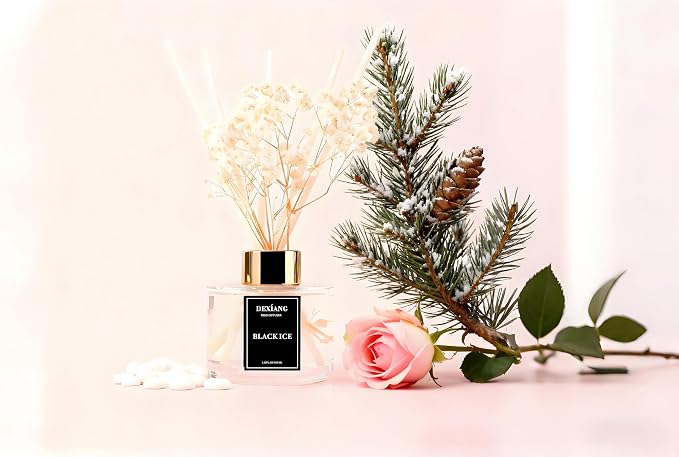 Reed Diffuser Set - 3.38 fl oz Black ice Premium Scented Oil with Preserved Baby's Breath & Cotton 6 Sticks | Long-Lasting Aromatherapy for Home, Bedroom, Bathroom, Office Home Decor